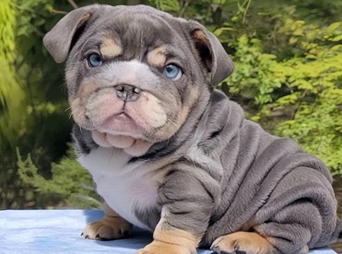Blue tri male bulldog puppy