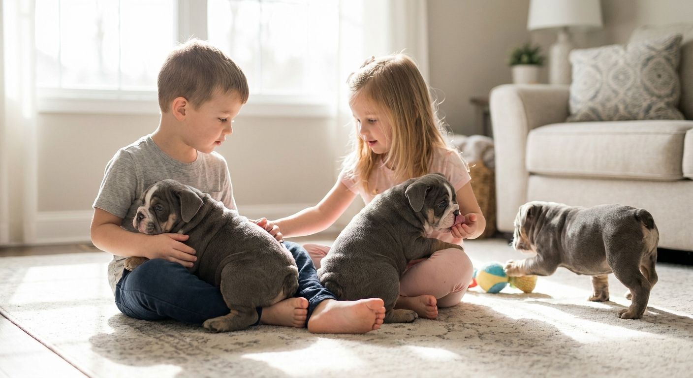 Gray English Bulldog puppies for families with kids