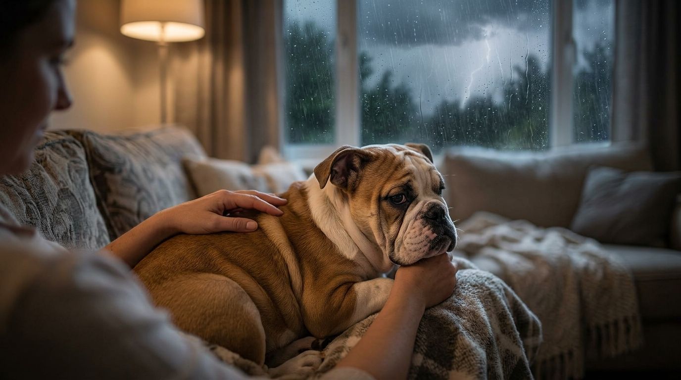 How to calm an English Bulldog puppy during thunderstorms